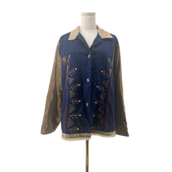 Parsley Sage Jacket Womens XL Blue Denim Tribal Beaded Boho Button Front - Picture 1 of 11